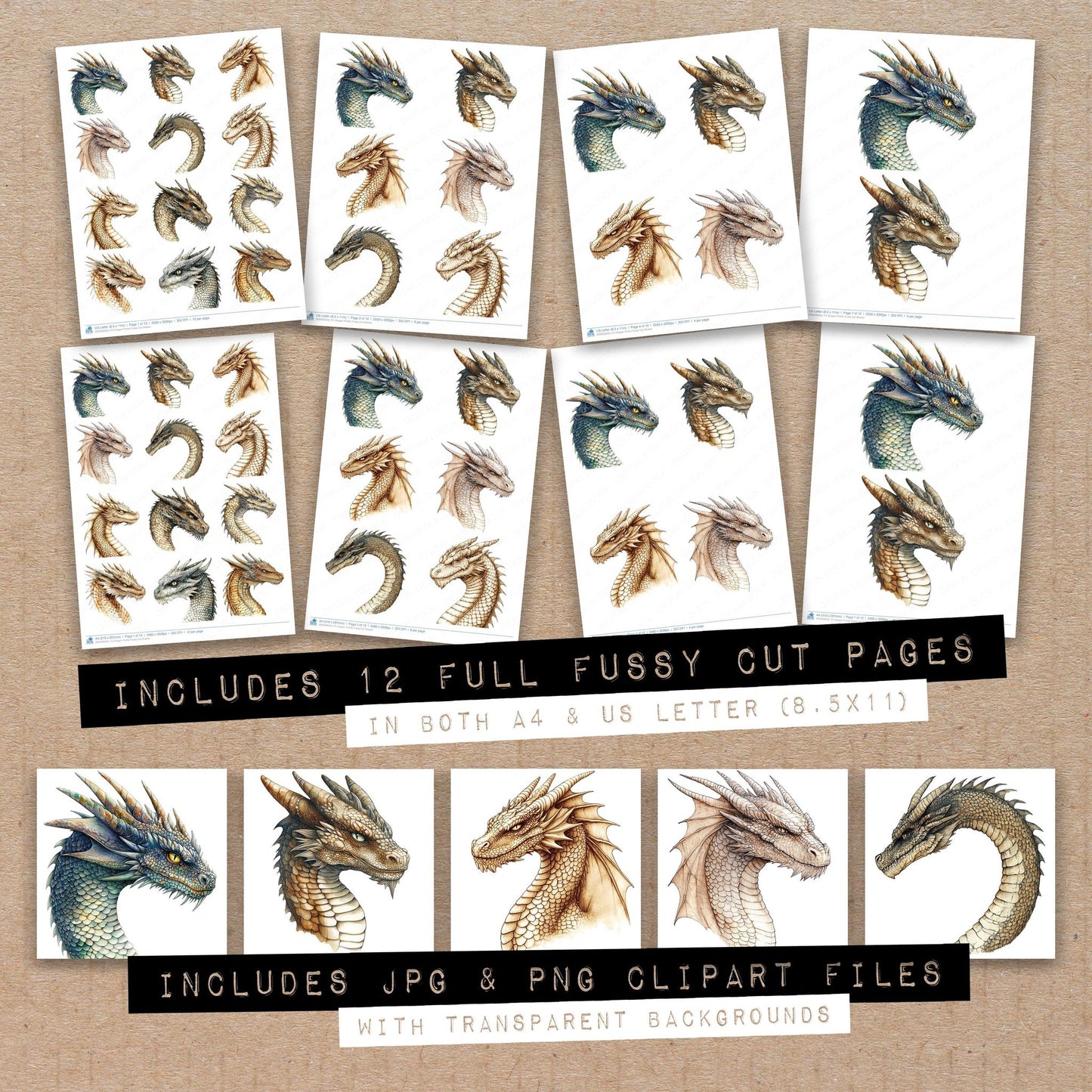 Full collection view of Dragon Profile fussy cut sheets with bonus clipart JPG and PNG files