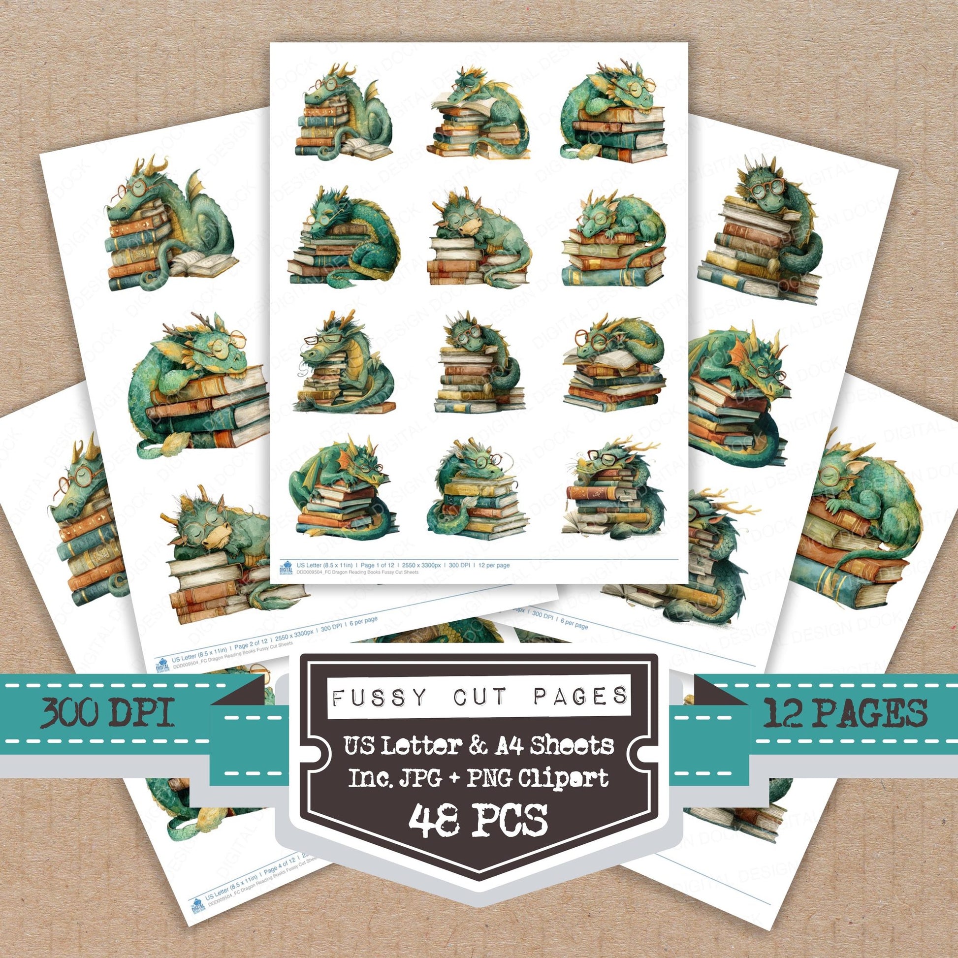 Dragon Reading Books fussy cut printable sheets for junk journaling, scrapbooking, and paper craft projects