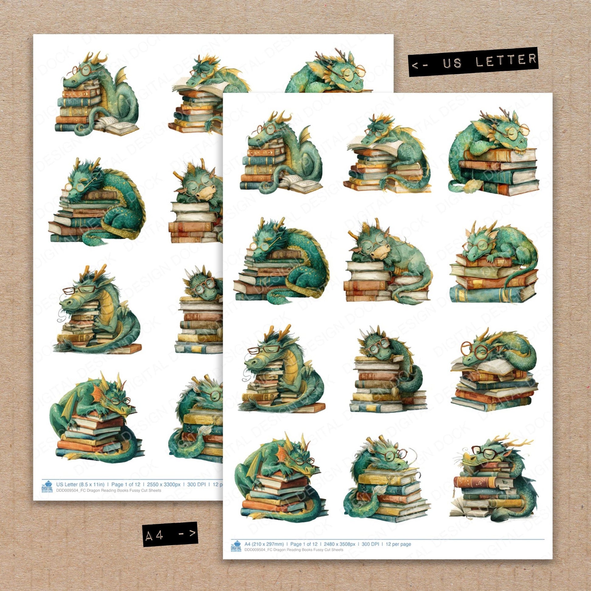 A4 and US Letter format comparison showing Dragon Reading Books fussy cut pages for print and cut crafting