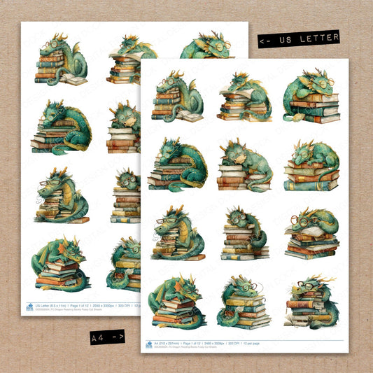 A4 and US Letter format comparison showing Dragon Reading Books fussy cut pages for print and cut crafting