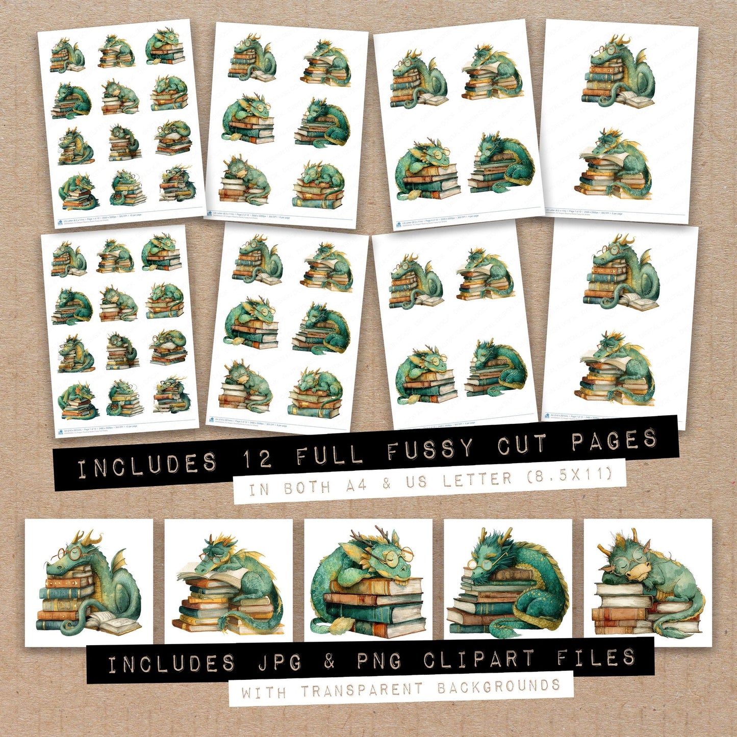 Full collection view of Dragon Reading Books fussy cut sheets with bonus clipart JPG and PNG files