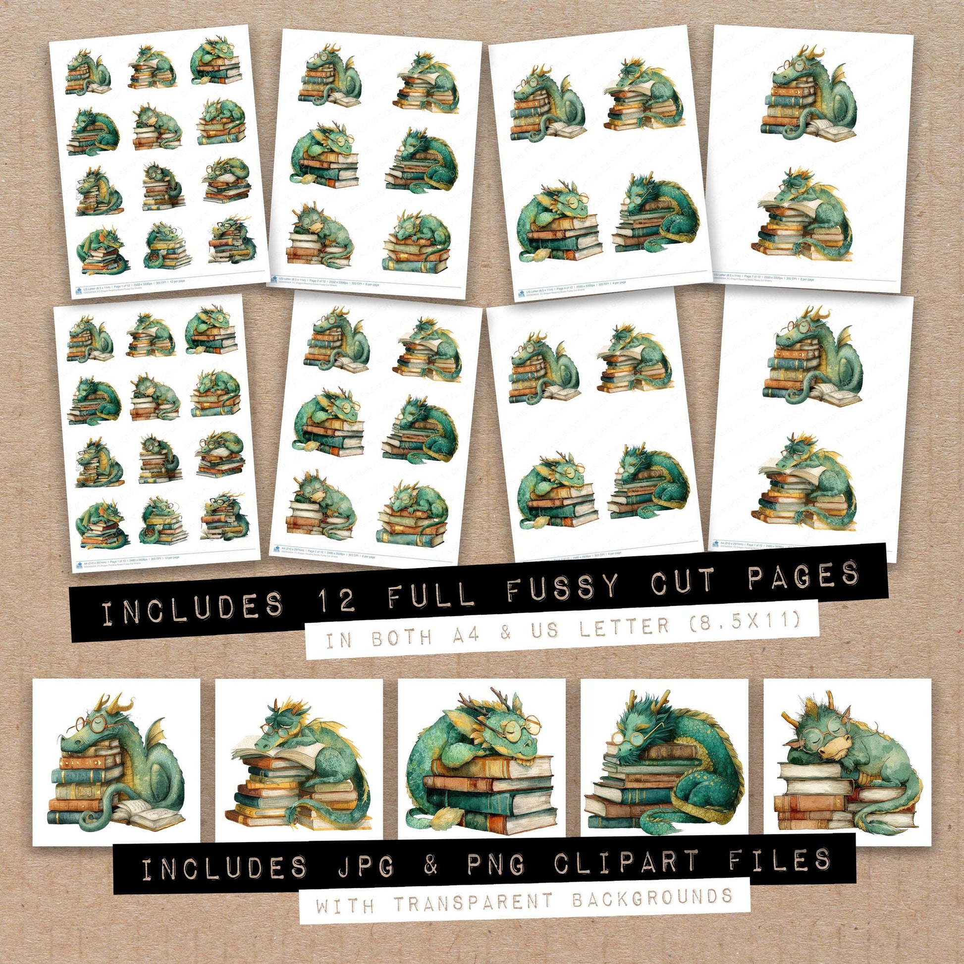 Full collection view of Dragon Reading Books fussy cut sheets with bonus clipart JPG and PNG files