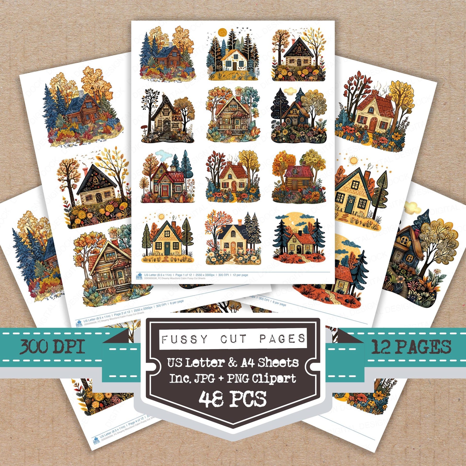 Dreamy Woodland Cabin fussy cut printable sheets for junk journaling, scrapbooking, and paper craft projects