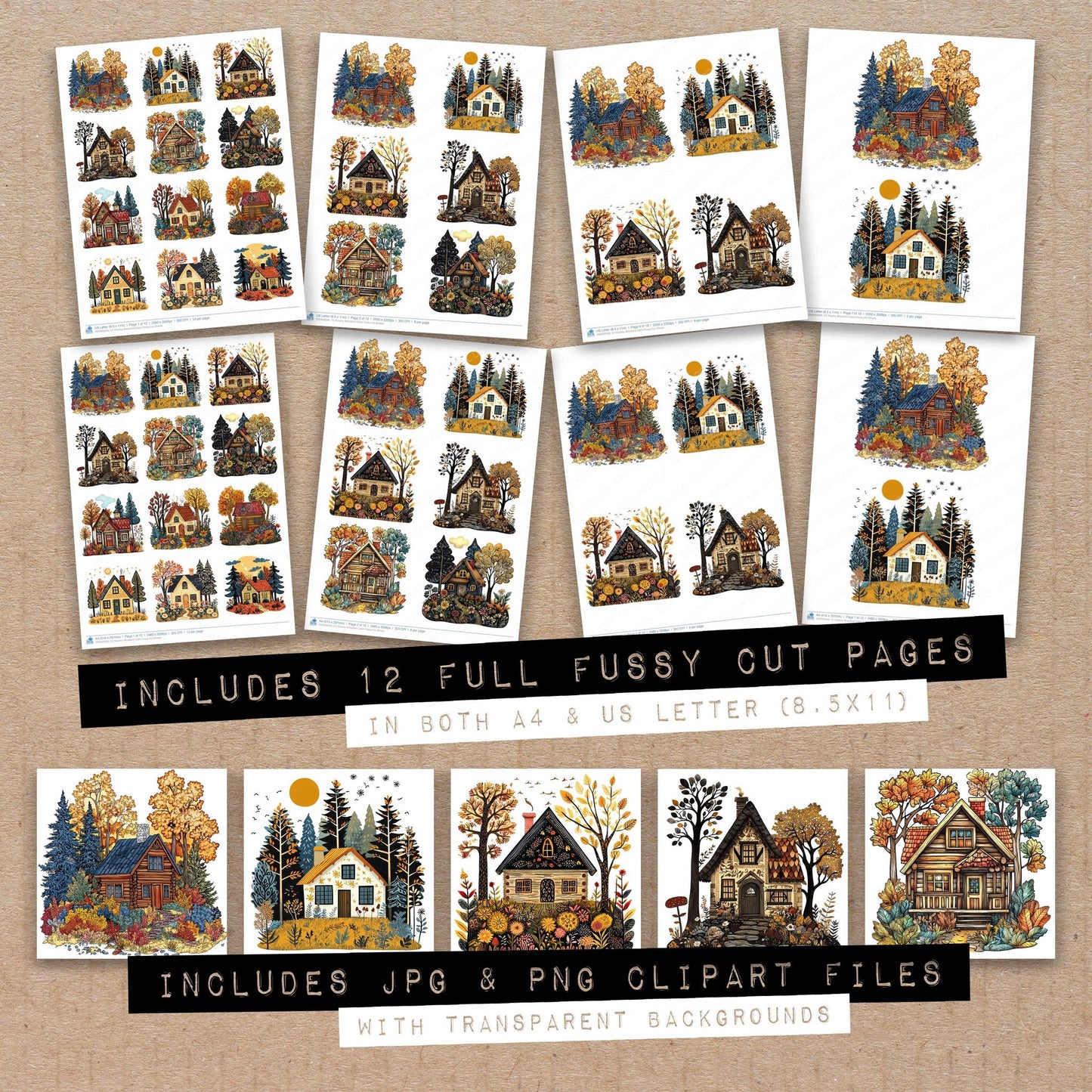 Full collection view of Dreamy Woodland Cabin fussy cut sheets with bonus clipart JPG and PNG files