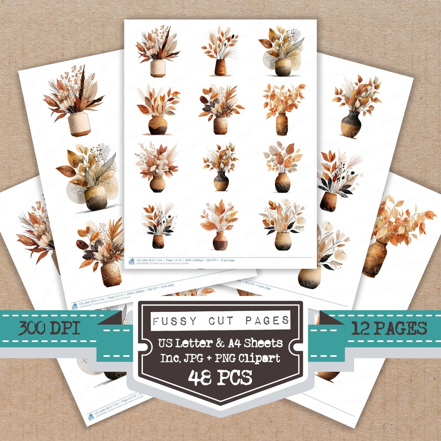 Dried Leaves Vase fussy cut printable sheets for junk journaling, scrapbooking, and paper craft projects