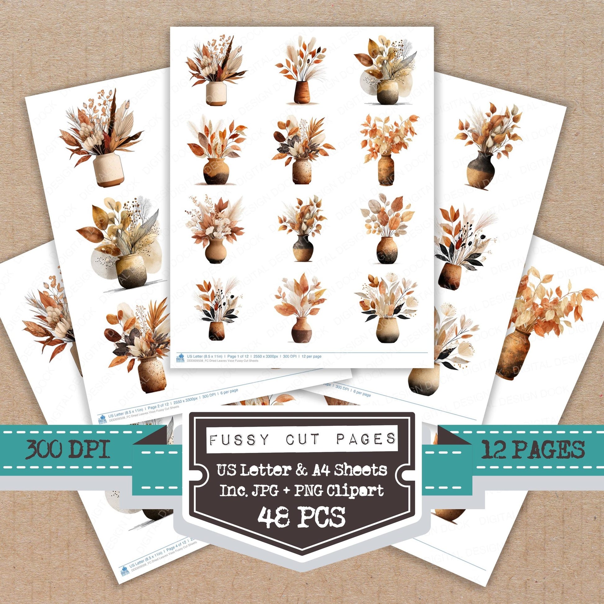 Dried Leaves Vase fussy cut printable sheets for junk journaling, scrapbooking, and paper craft projects