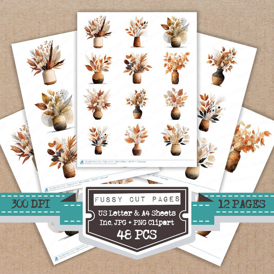 Dried Leaves Vase fussy cut printable sheets for junk journaling, scrapbooking, and paper craft projects