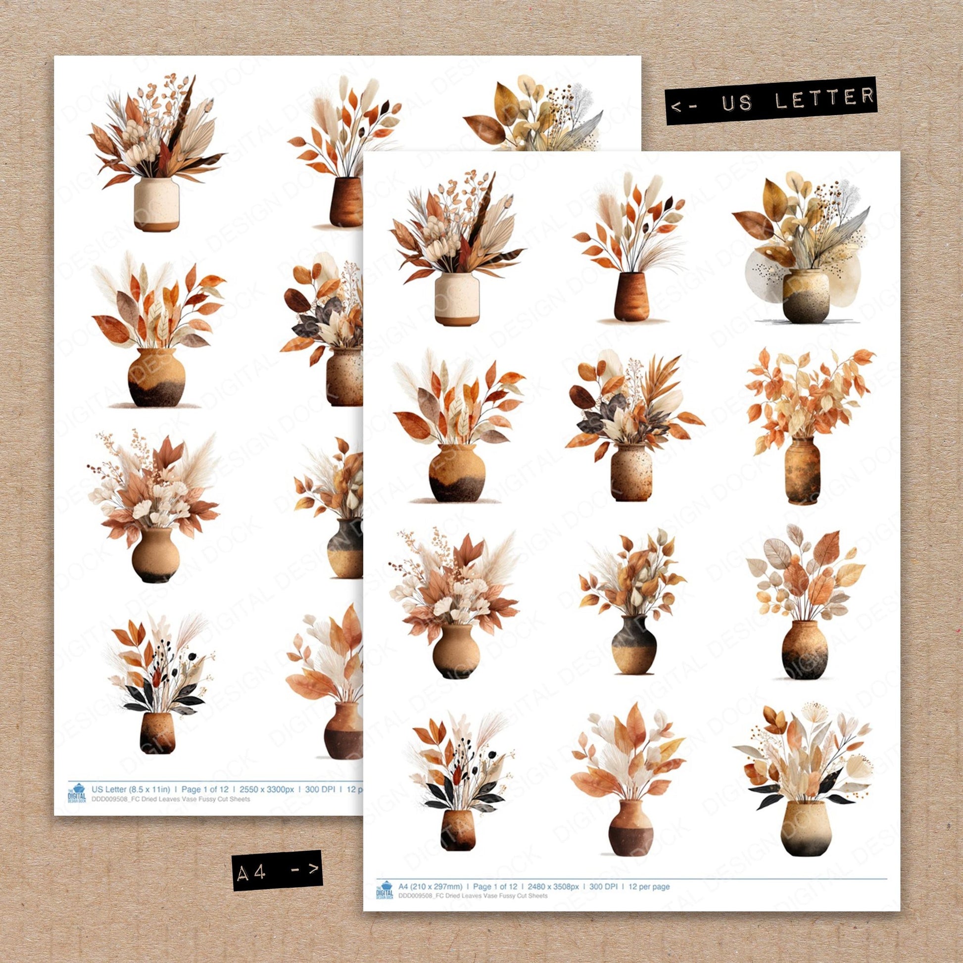 A4 and US Letter format comparison showing Dried Leaves Vase fussy cut pages for print and cut crafting