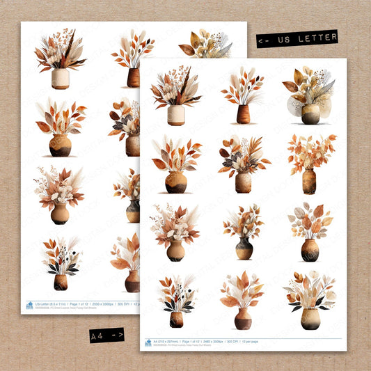 A4 and US Letter format comparison showing Dried Leaves Vase fussy cut pages for print and cut crafting