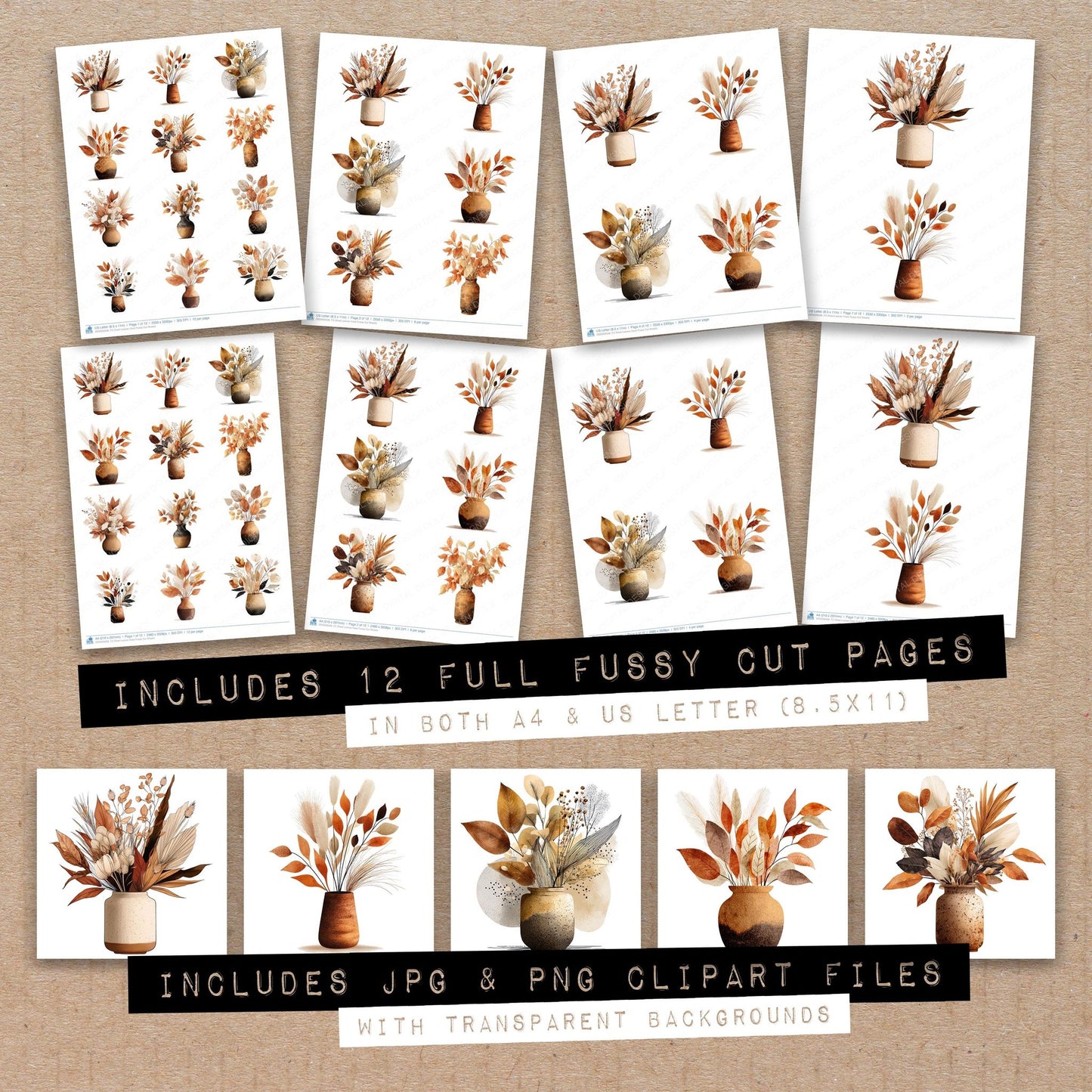 Full collection view of Dried Leaves Vase fussy cut sheets with bonus clipart JPG and PNG files