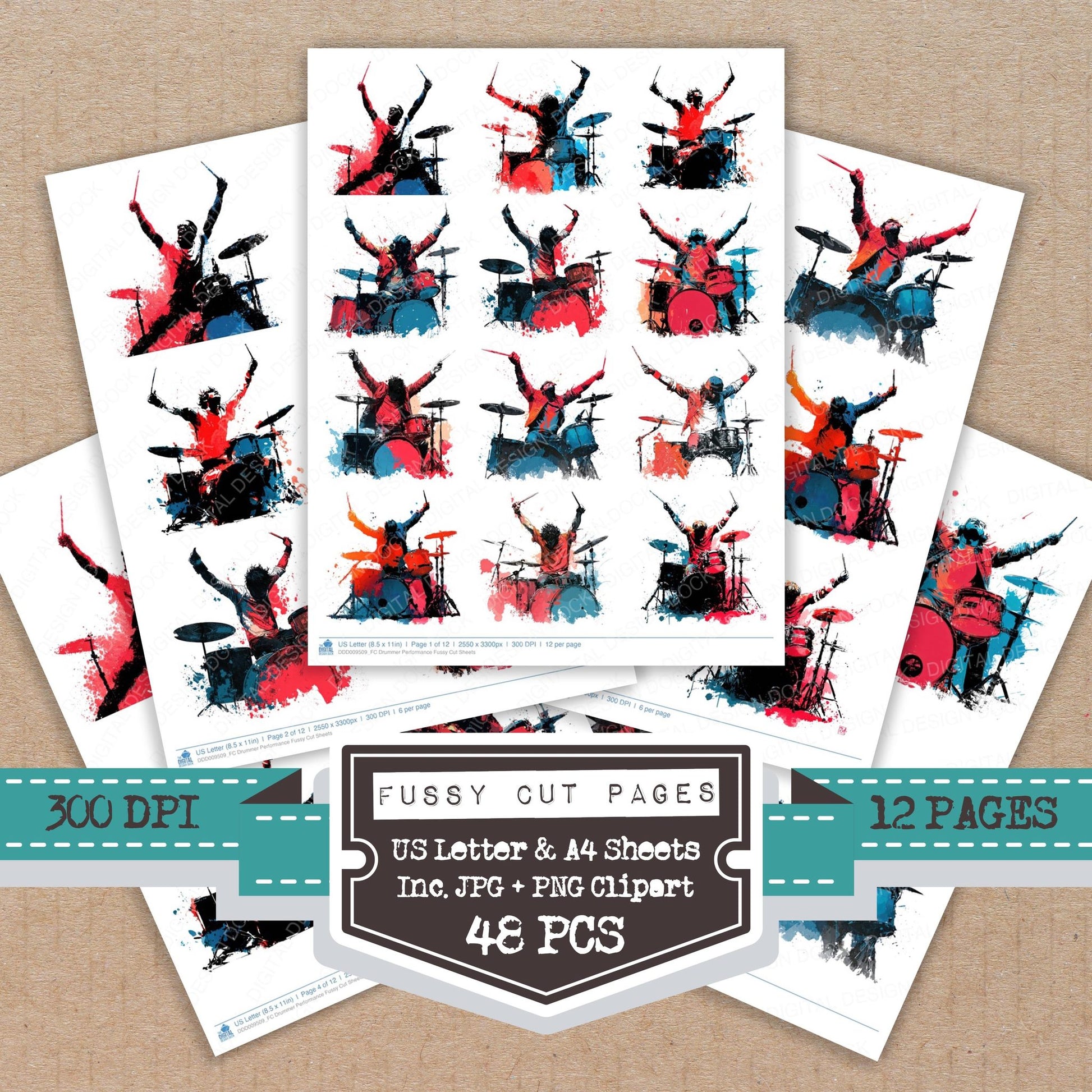 Drummer Performance fussy cut printable sheets for junk journaling, scrapbooking, and paper craft projects