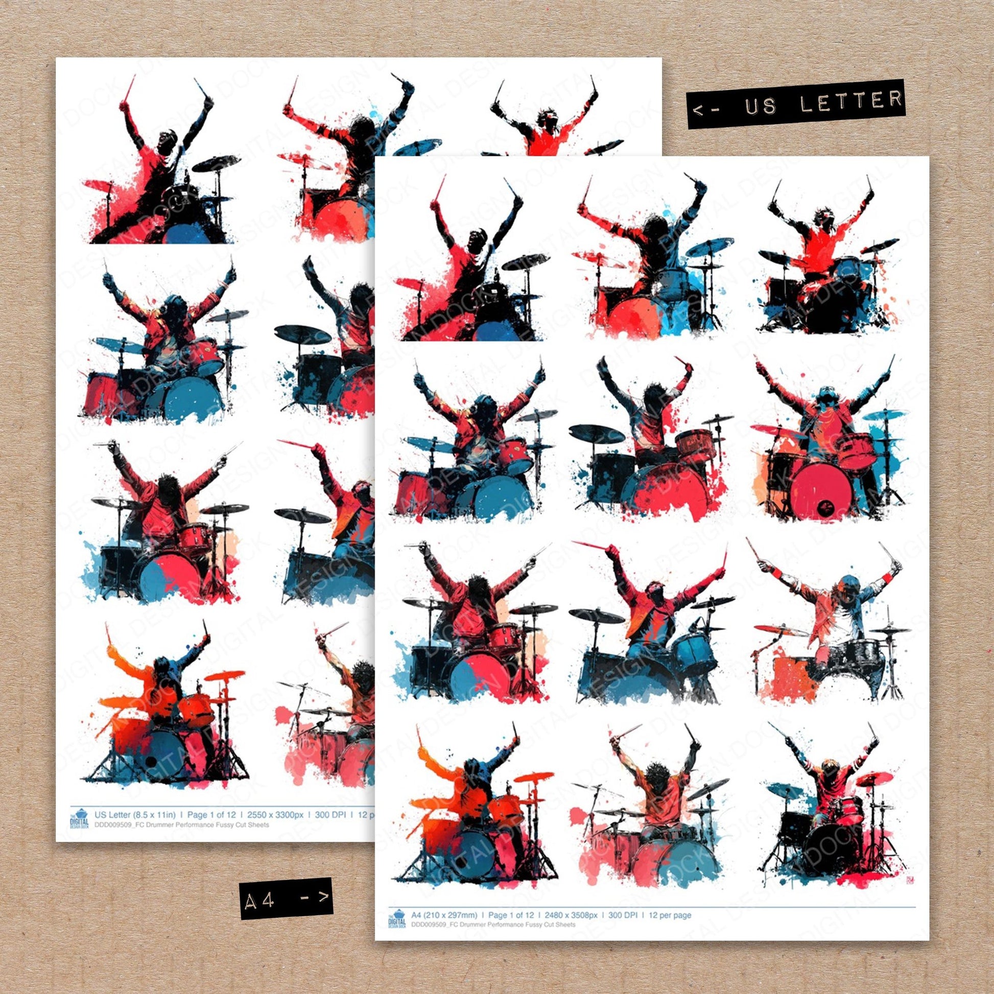 A4 and US Letter format comparison showing Drummer Performance fussy cut pages for print and cut crafting