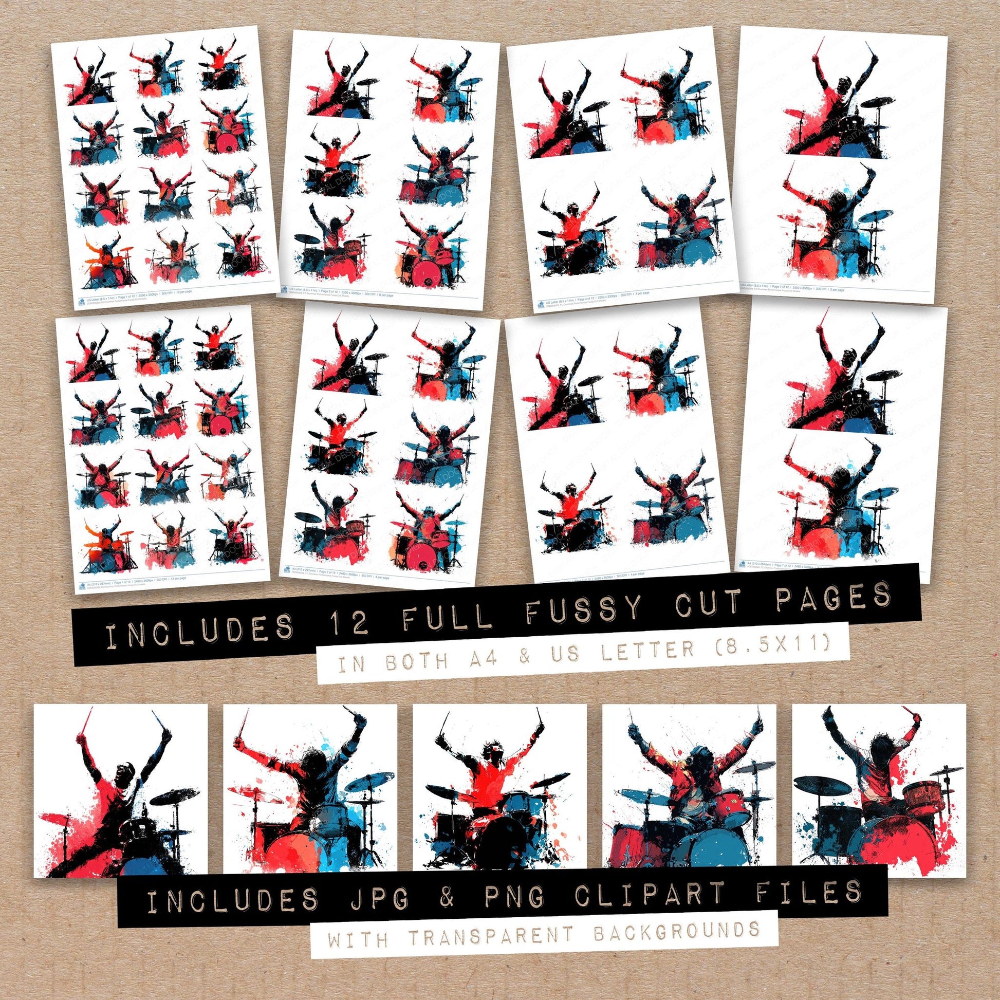 Full collection view of Drummer Performance fussy cut sheets with bonus clipart JPG and PNG files