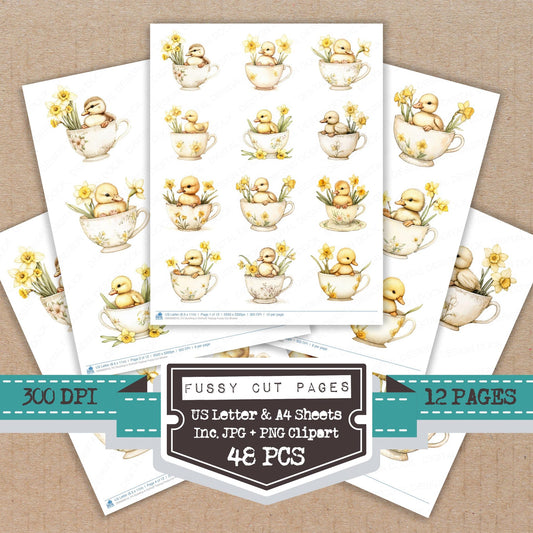 Duckling in Daffodil Teacup fussy cut printable sheets for junk journaling, scrapbooking, and paper craft projects