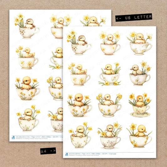 A4 and US Letter format comparison showing Duckling in Daffodil Teacup fussy cut pages for print and cut crafting