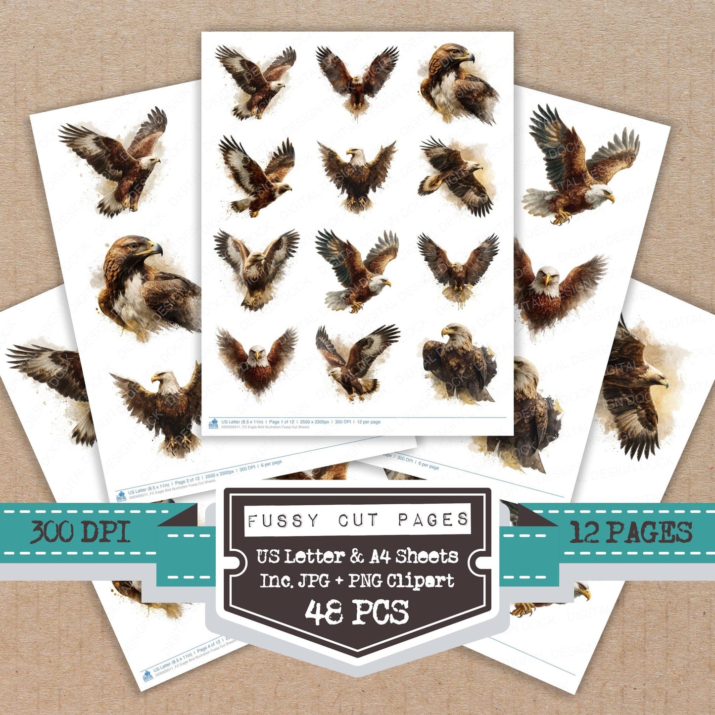 Eagle Bird Illustration fussy cut printable sheets for junk journaling, scrapbooking, and paper craft projects