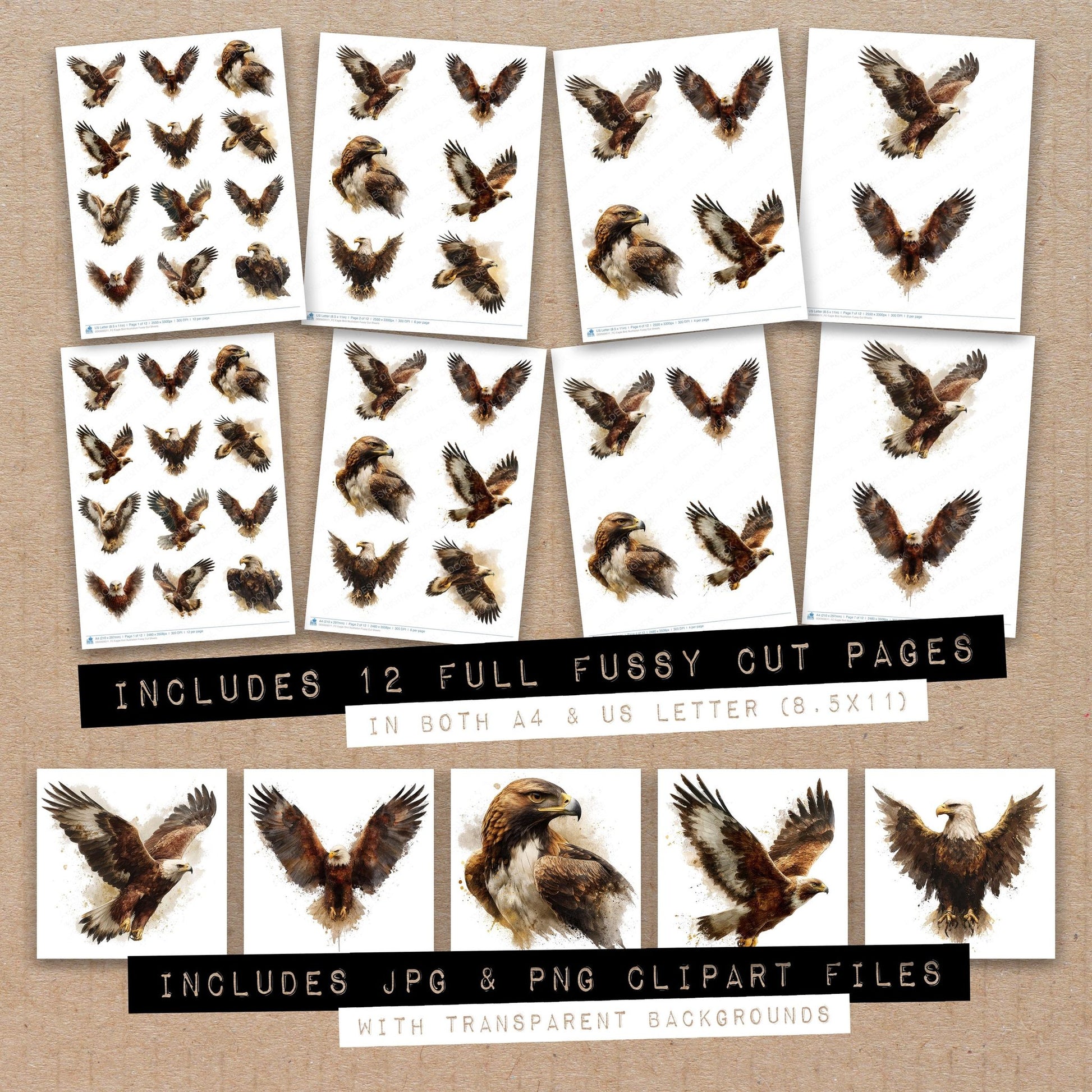 Full collection view of Eagle Bird Illustration fussy cut sheets with bonus clipart JPG and PNG files