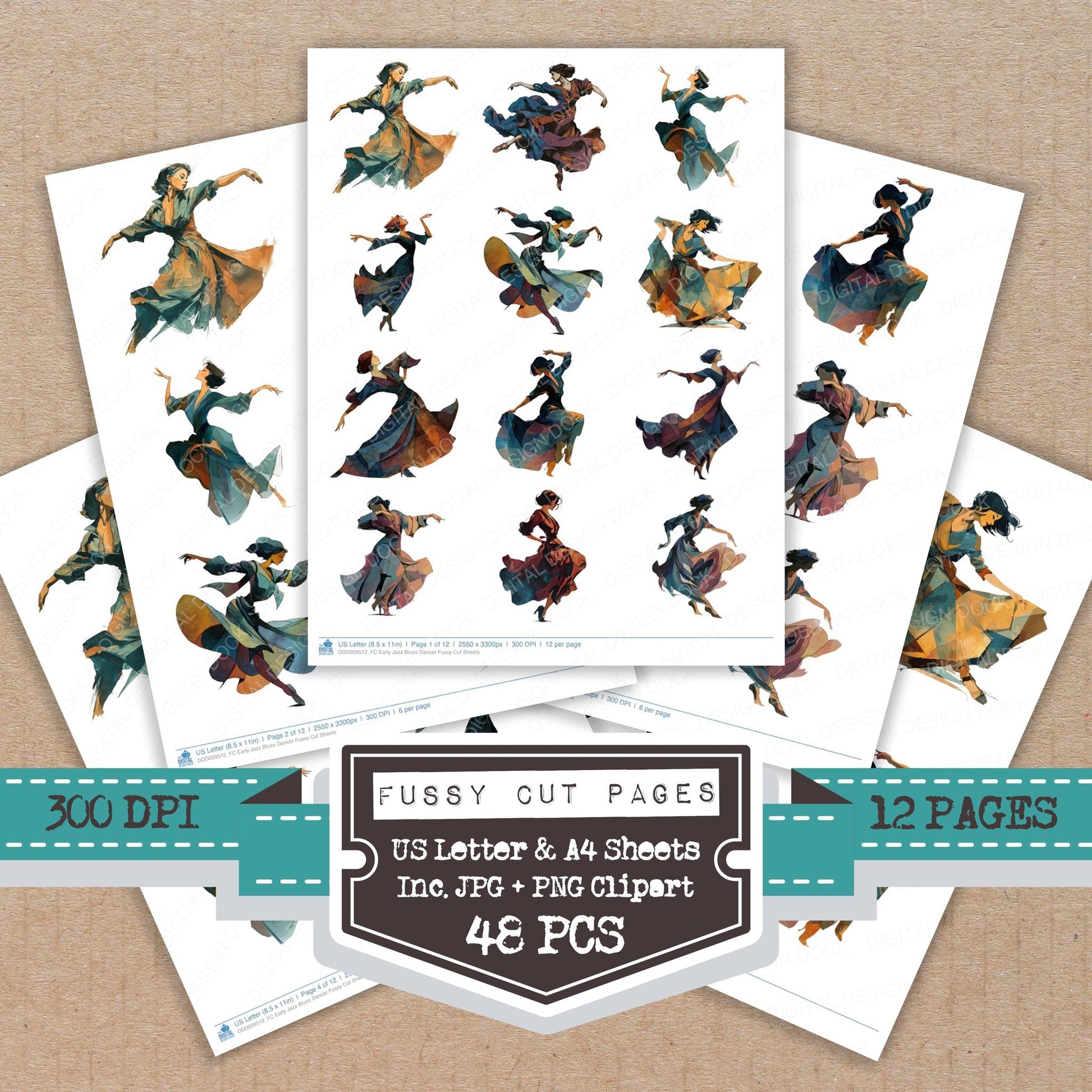 Early Jazz Blues Dancer fussy cut printable sheets for junk journaling, scrapbooking, and paper craft projects