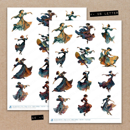 A4 and US Letter format comparison showing Early Jazz Blues Dancer fussy cut pages for print and cut crafting