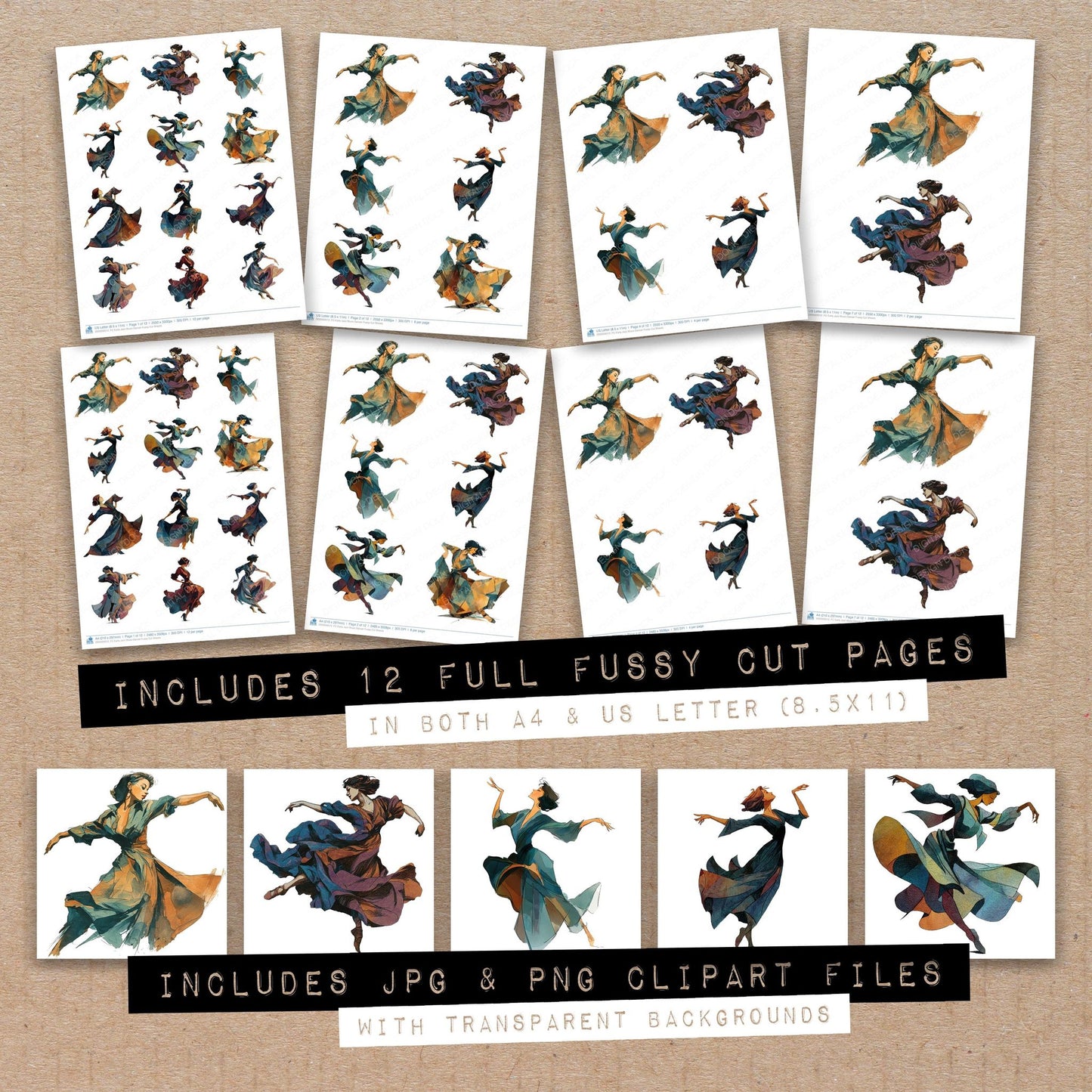 Full collection view of Early Jazz Blues Dancer fussy cut sheets with bonus clipart JPG and PNG files