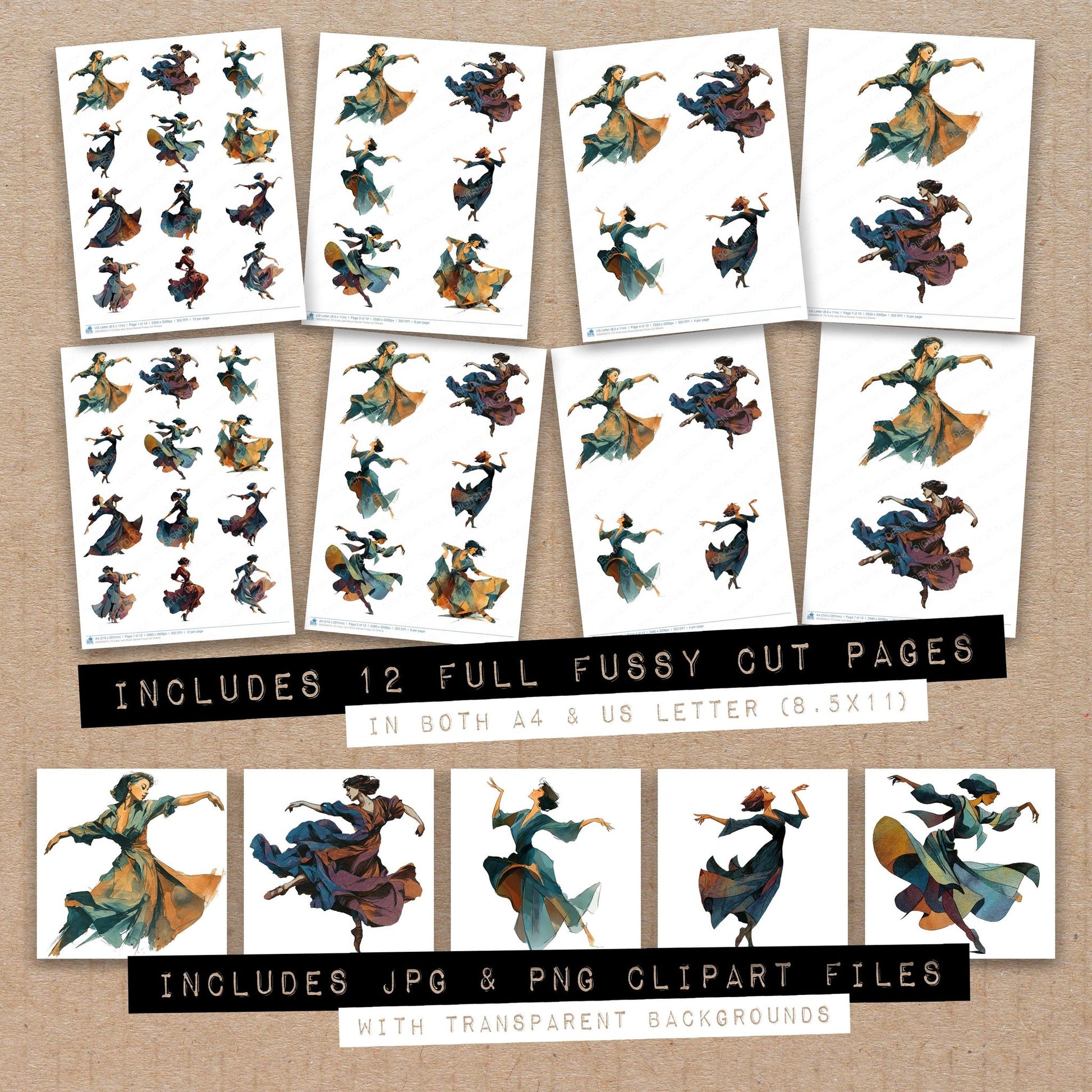 Full collection view of Early Jazz Blues Dancer fussy cut sheets with bonus clipart JPG and PNG files