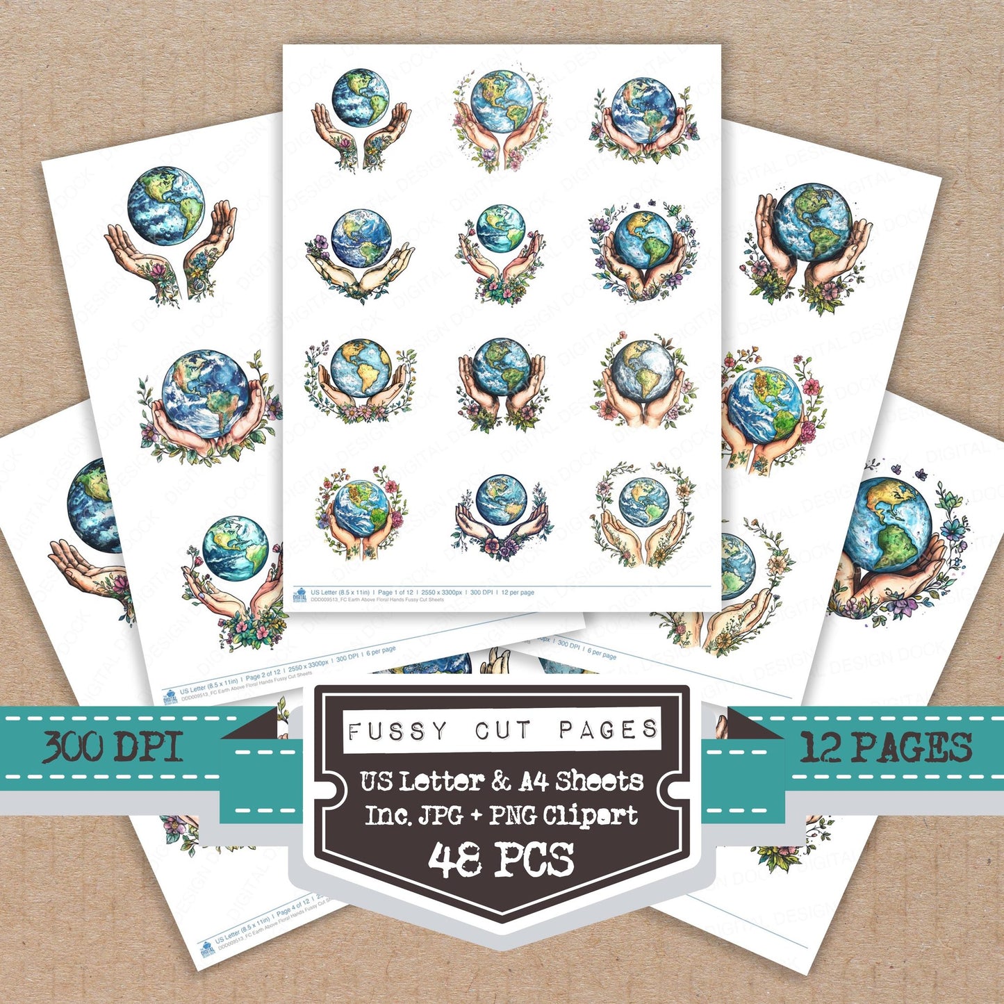 Earth Above Floral Hands fussy cut printable sheets for junk journaling, scrapbooking, and paper craft projects