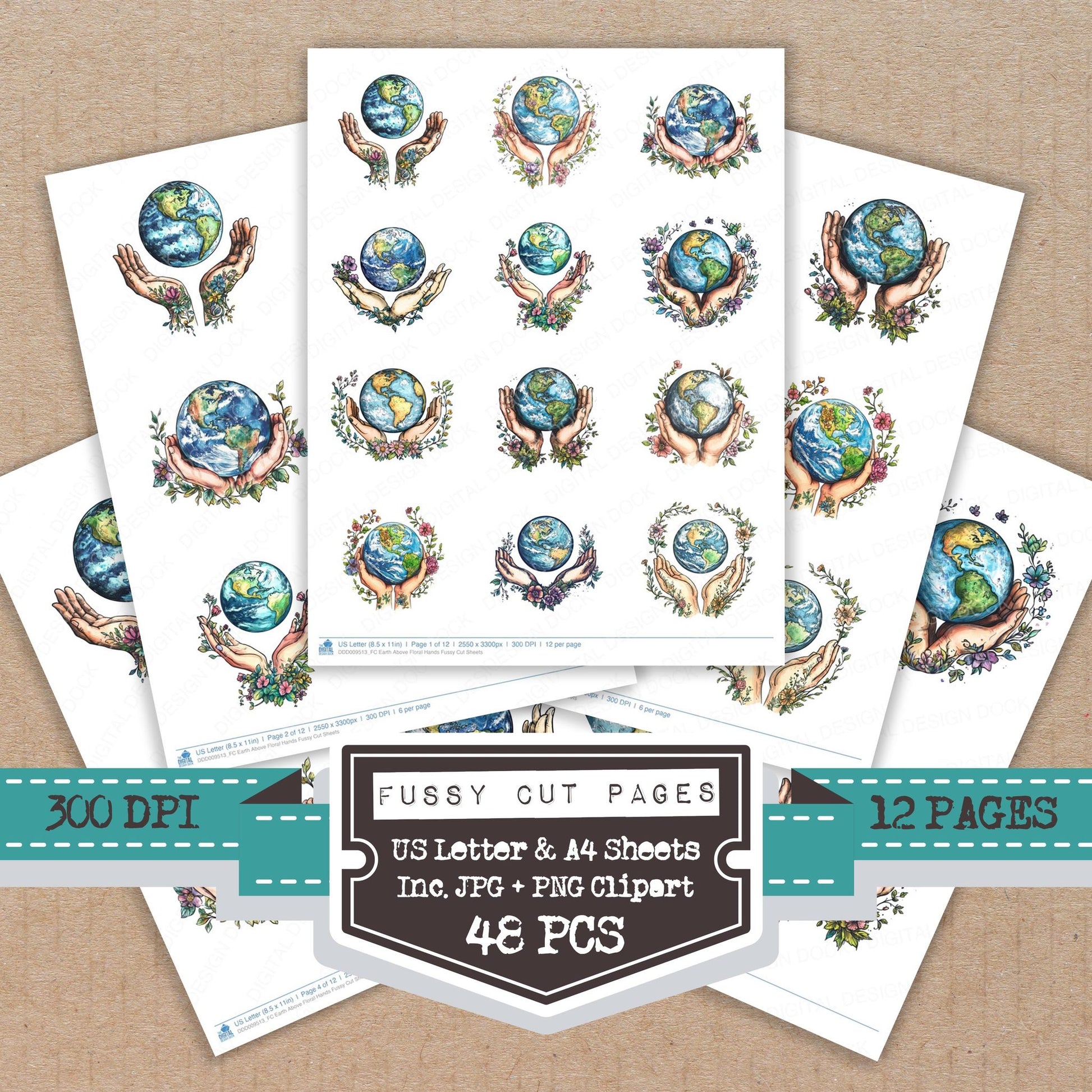 Earth Above Floral Hands fussy cut printable sheets for junk journaling, scrapbooking, and paper craft projects