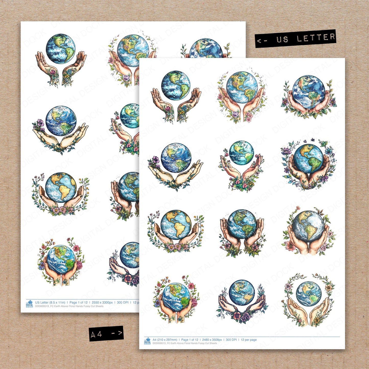 A4 and US Letter format comparison showing Earth Above Floral Hands fussy cut pages for print and cut crafting