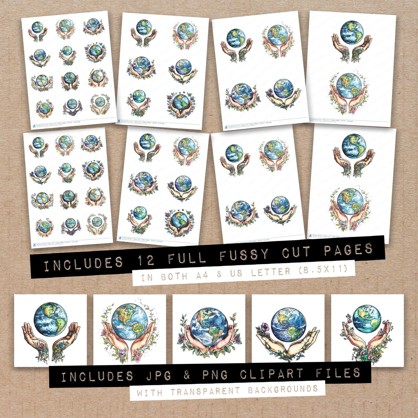 Full collection view of Earth Above Floral Hands fussy cut sheets with bonus clipart JPG and PNG files