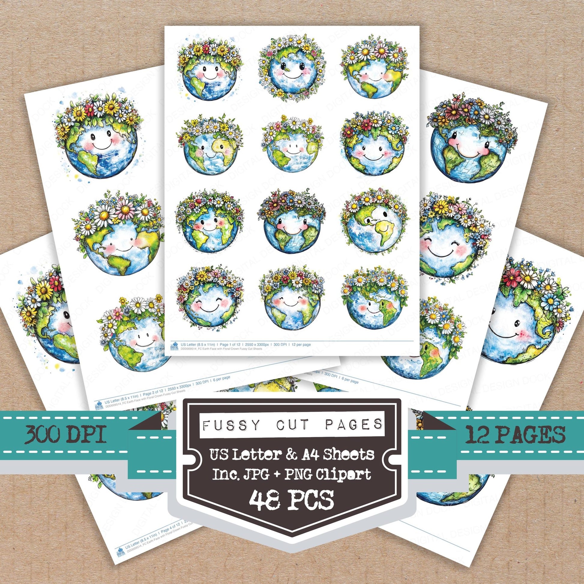 Earth Face with Floral Crown fussy cut printable sheets for junk journaling, scrapbooking, and paper craft projects