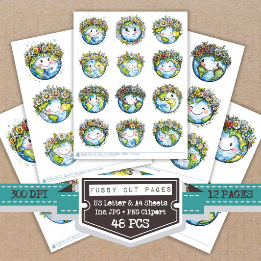 Earth Face with Floral Crown fussy cut printable sheets for junk journaling, scrapbooking, and paper craft projects