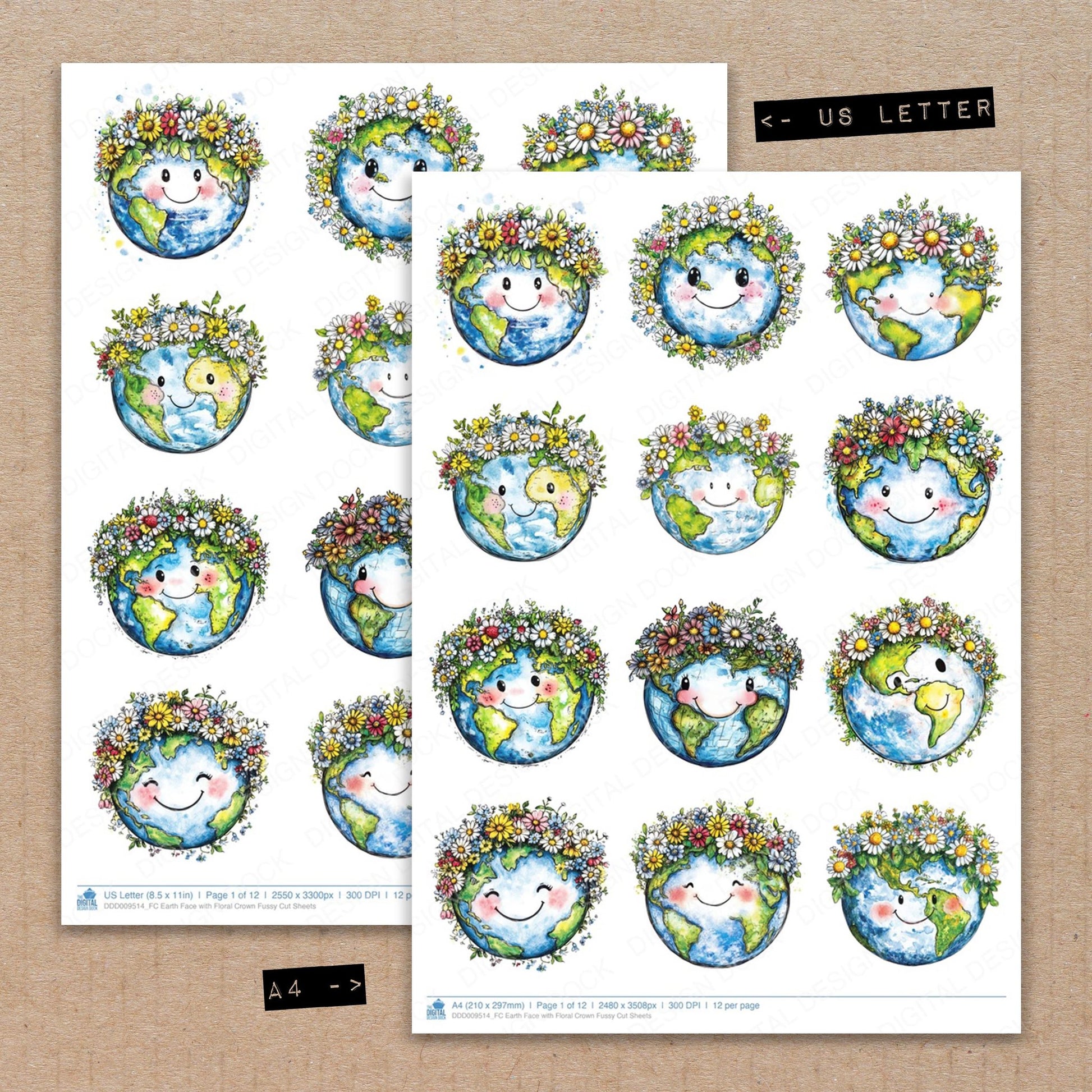 A4 and US Letter format comparison showing Earth Face with Floral Crown fussy cut pages for print and cut crafting