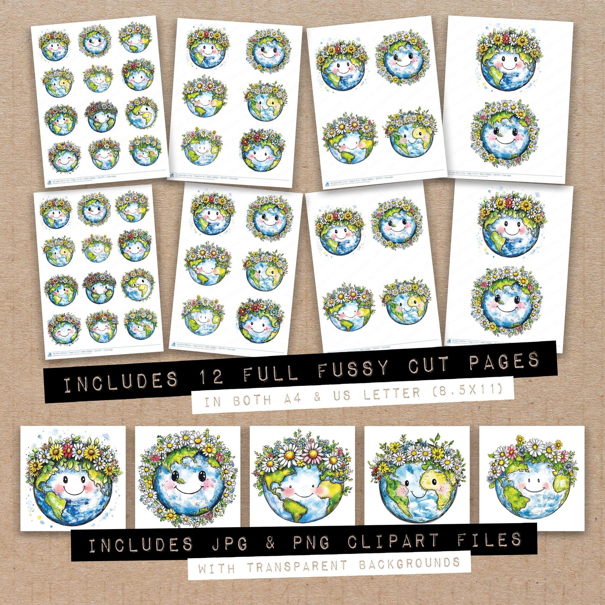 Full collection view of Earth Face with Floral Crown fussy cut sheets with bonus clipart JPG and PNG files