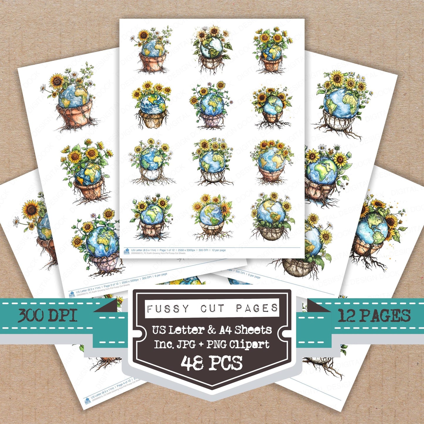 Earth Growing from Pot fussy cut printable sheets for junk journaling, scrapbooking, and paper craft projects
