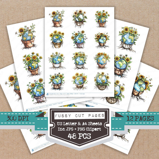 Earth Growing from Pot fussy cut printable sheets for junk journaling, scrapbooking, and paper craft projects