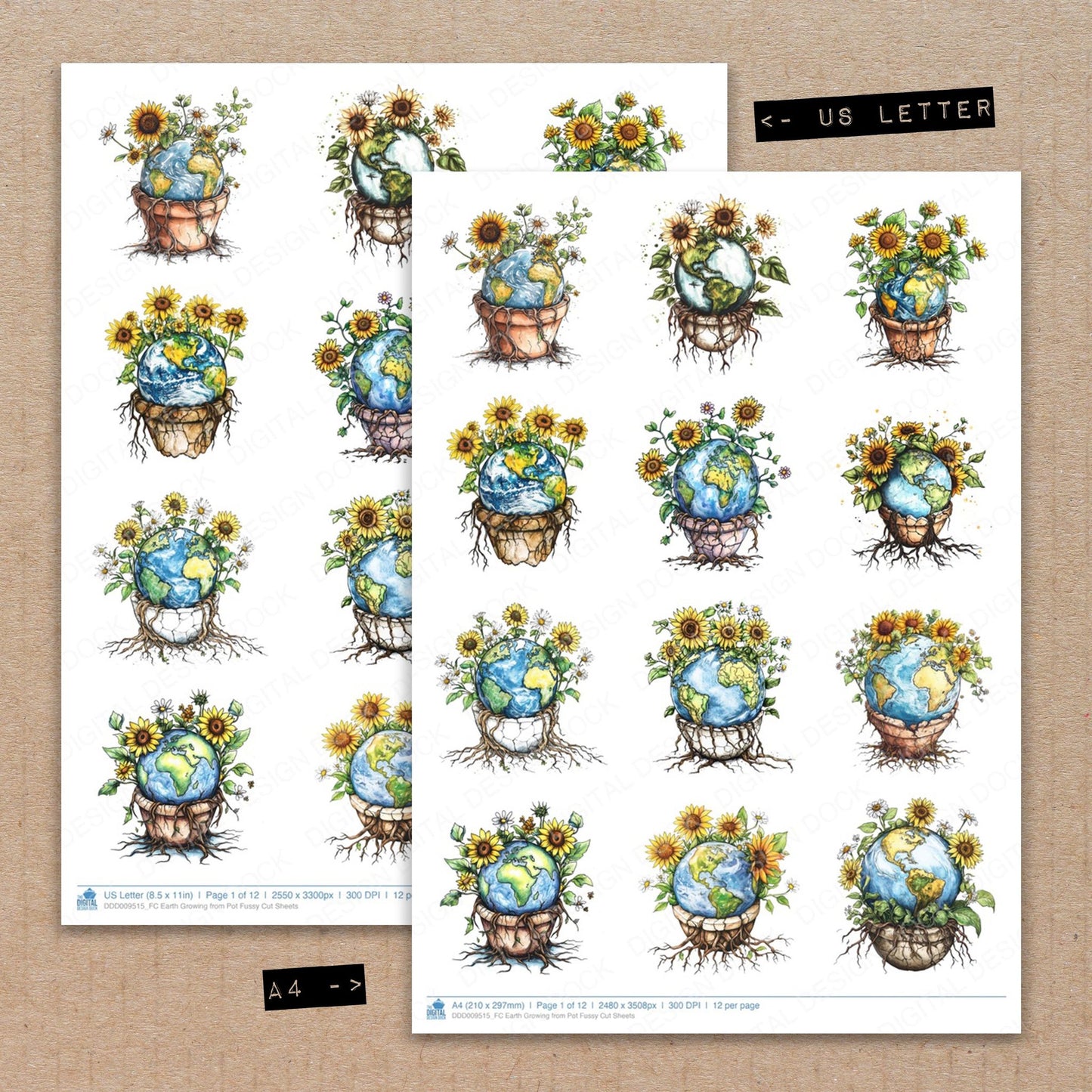 A4 and US Letter format comparison showing Earth Growing from Pot fussy cut pages for print and cut crafting