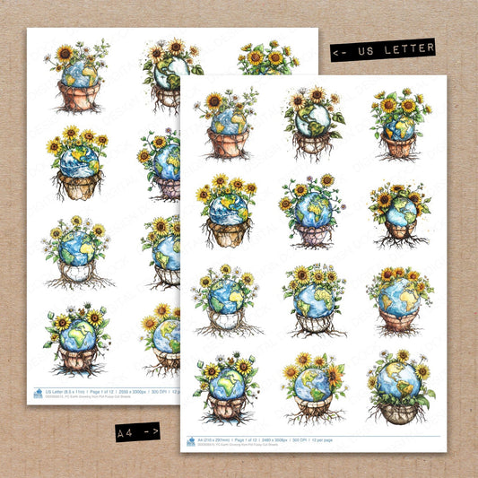 A4 and US Letter format comparison showing Earth Growing from Pot fussy cut pages for print and cut crafting