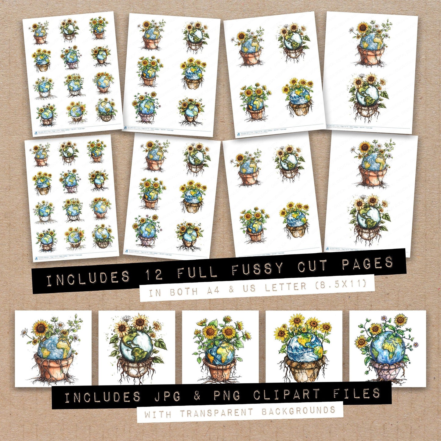 Full collection view of Earth Growing from Pot fussy cut sheets with bonus clipart JPG and PNG files