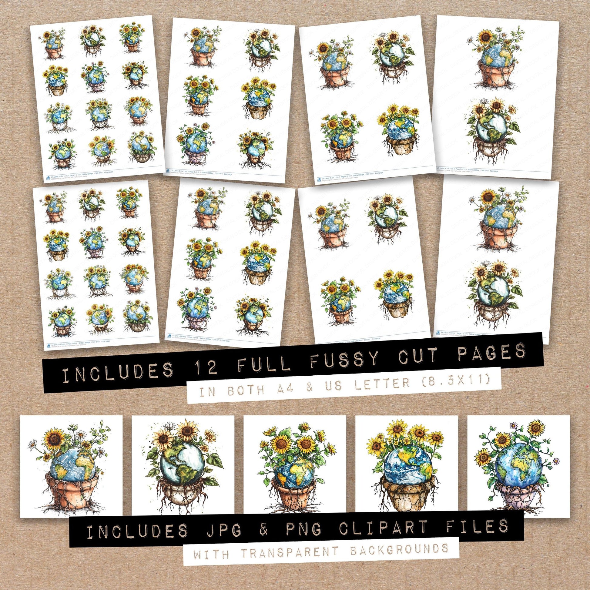 Full collection view of Earth Growing from Pot fussy cut sheets with bonus clipart JPG and PNG files