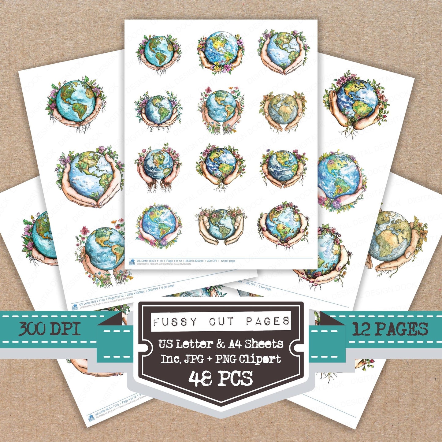 Earth in Floral Hands fussy cut printable sheets for junk journaling, scrapbooking, and paper craft projects