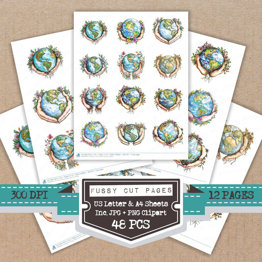 Earth in Floral Hands fussy cut printable sheets for junk journaling, scrapbooking, and paper craft projects