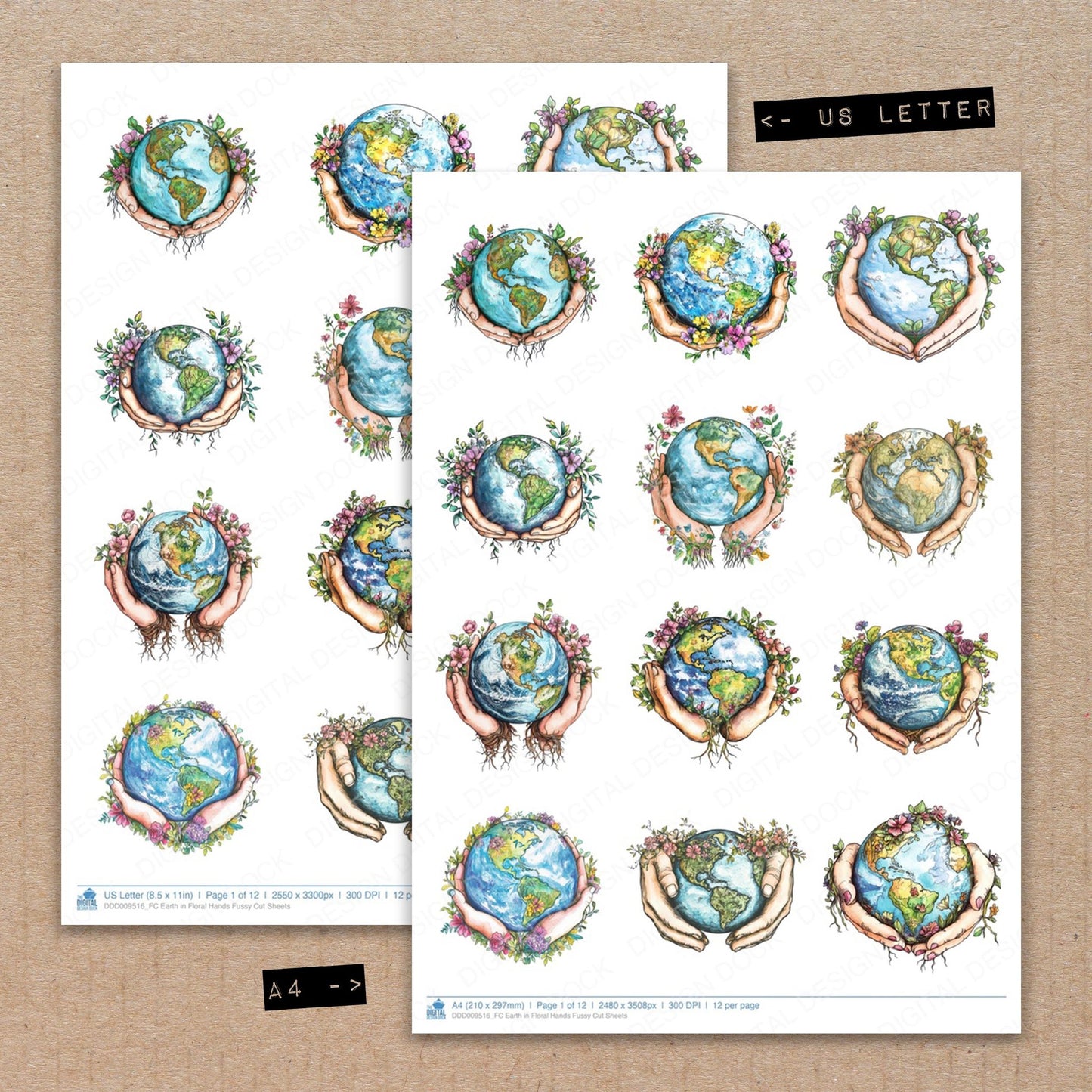 A4 and US Letter format comparison showing Earth in Floral Hands fussy cut pages for print and cut crafting