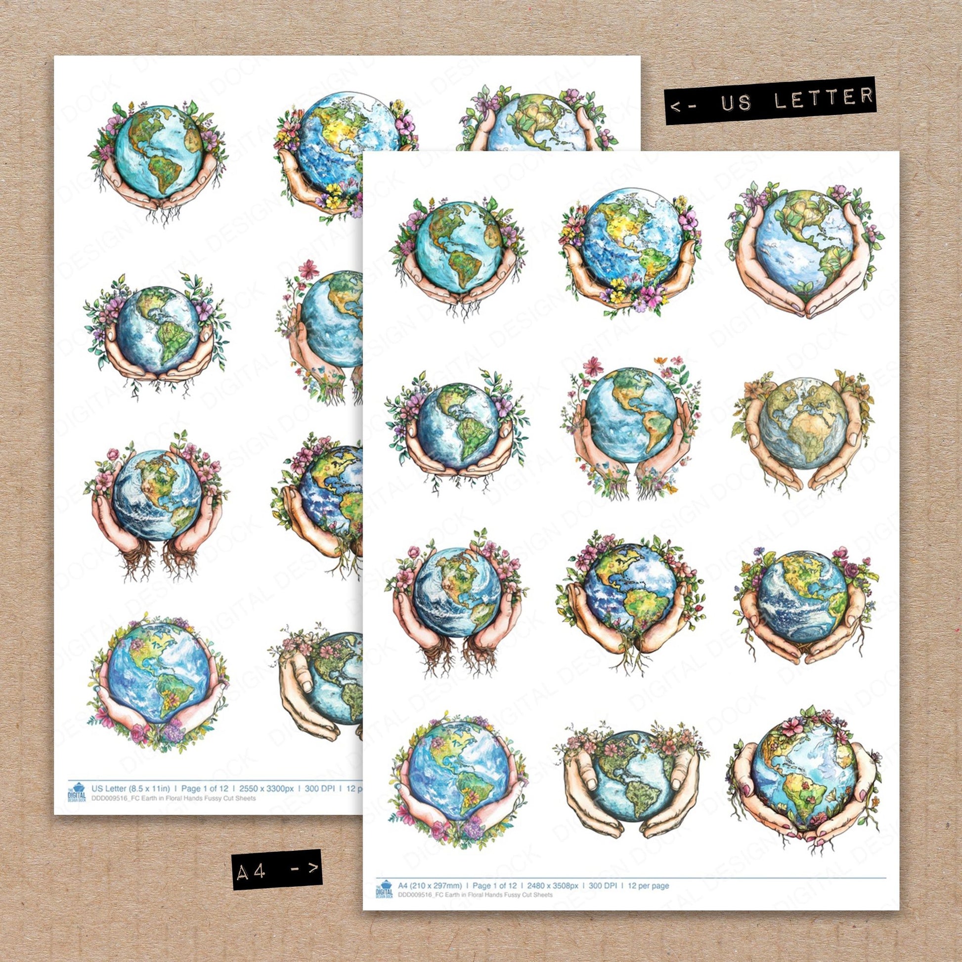 A4 and US Letter format comparison showing Earth in Floral Hands fussy cut pages for print and cut crafting