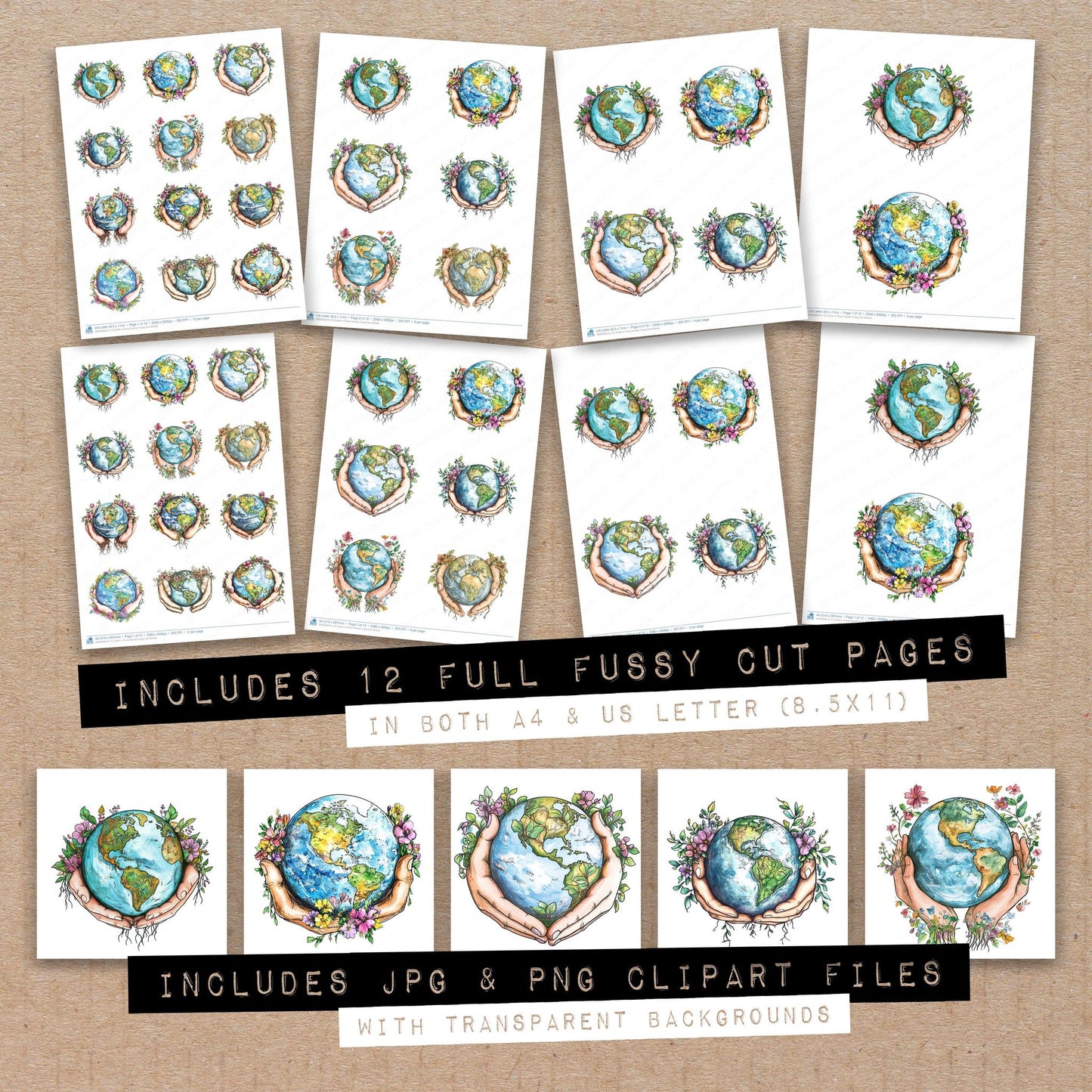 Full collection view of Earth in Floral Hands fussy cut sheets with bonus clipart JPG and PNG files