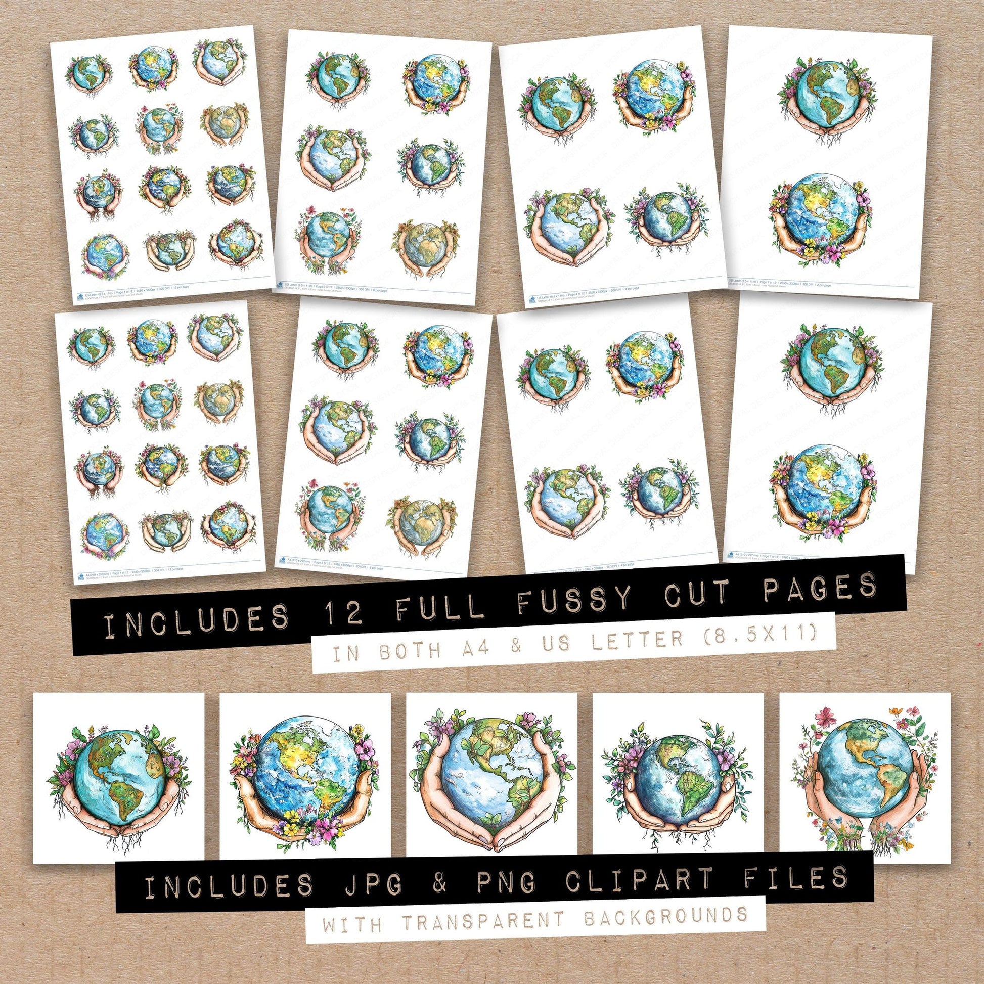 Full collection view of Earth in Floral Hands fussy cut sheets with bonus clipart JPG and PNG files