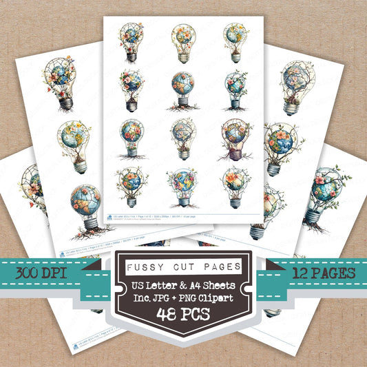 Earth in Floral Lightbulb fussy cut printable sheets for junk journaling, scrapbooking, and paper craft projects