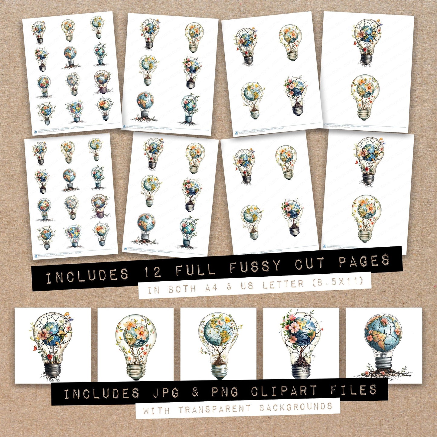 Full collection view of Earth in Floral Lightbulb fussy cut sheets with bonus clipart JPG and PNG files