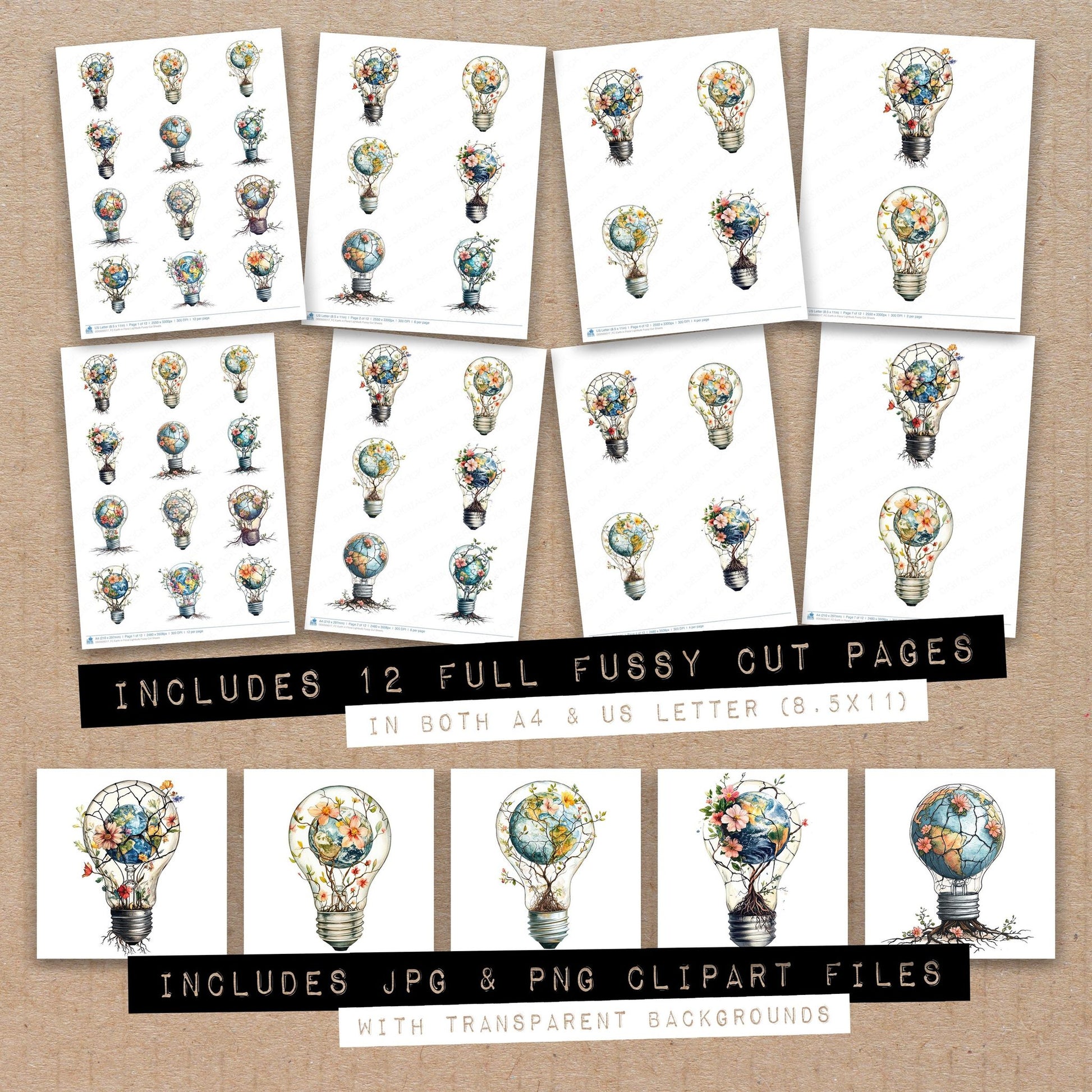 Full collection view of Earth in Floral Lightbulb fussy cut sheets with bonus clipart JPG and PNG files