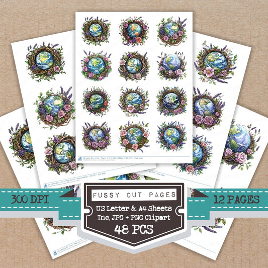Earth in Floral Nest fussy cut printable sheets for junk journaling, scrapbooking, and paper craft projects