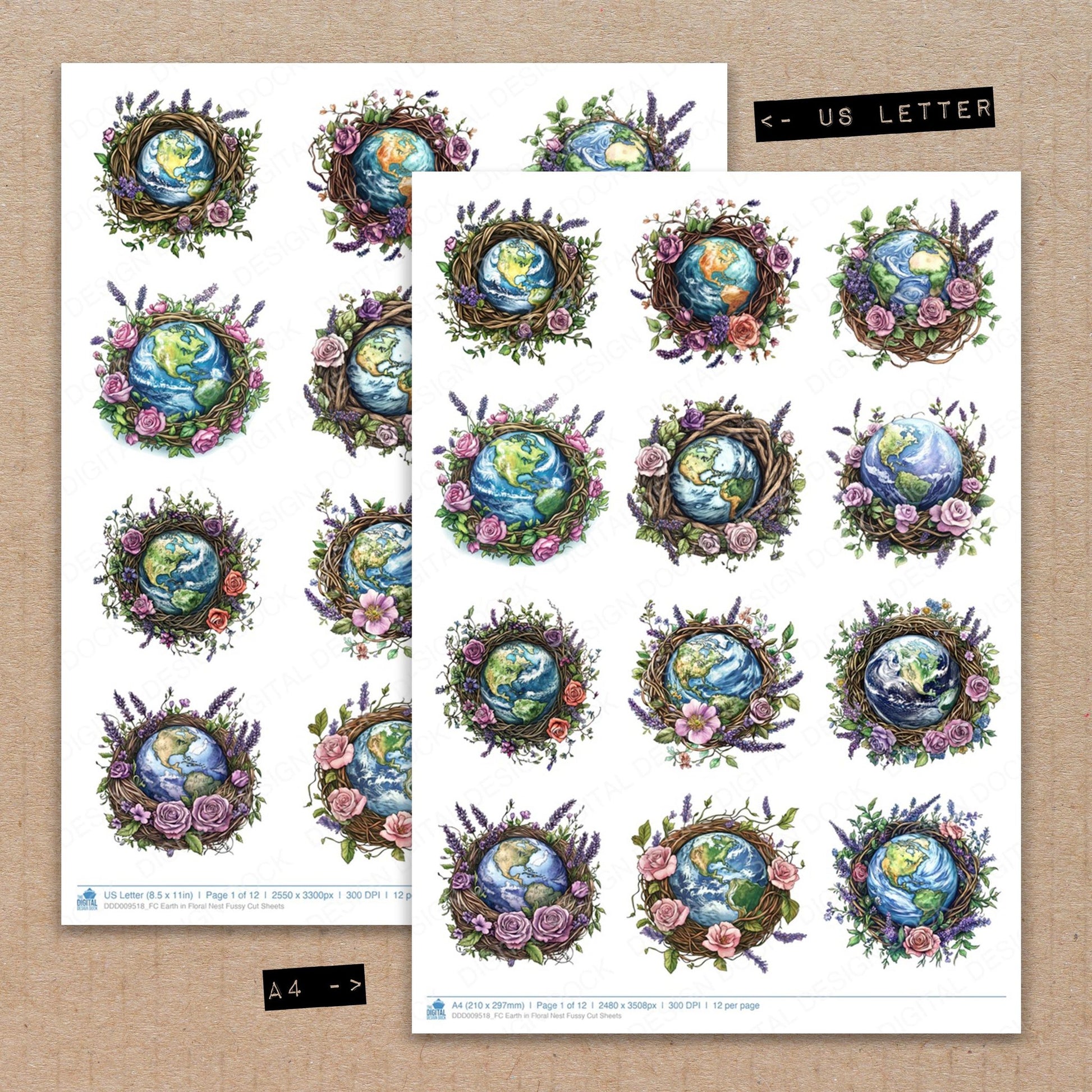 A4 and US Letter format comparison showing Earth in Floral Nest fussy cut pages for print and cut crafting